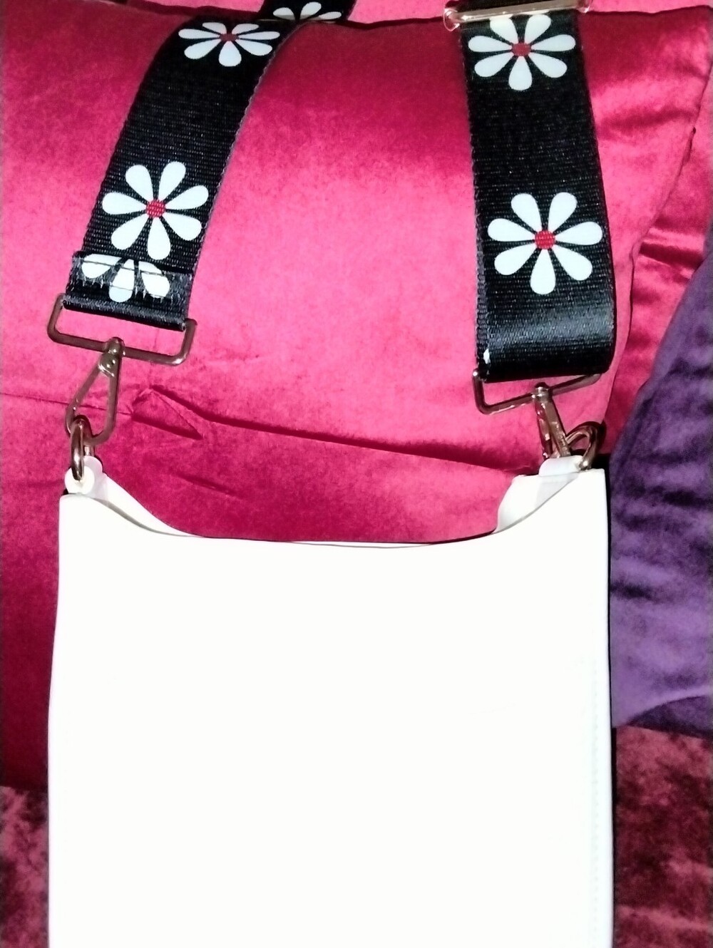 White Vegan Crossbody Bag with Black Daisy Strap